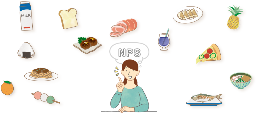 This illustration shows a woman surrounded by many ingredients, including milk, bread, grilled fish and pineapple. She is trying to choose foodstuffs based on an NPS.