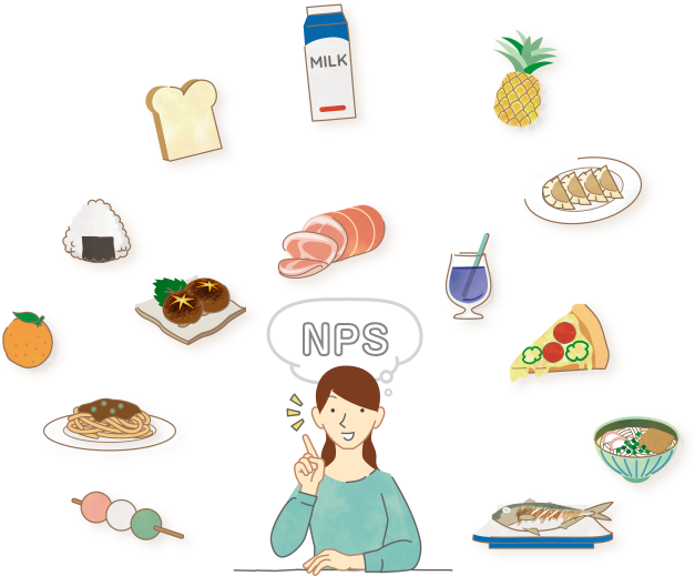 This illustration shows a woman surrounded by many ingredients, including milk, bread, grilled fish and pineapple. She is trying to choose foodstuffs based on an NPS.