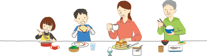 This illustration shows, from left to right, a child, an adult and an older adult eating from different menus.
