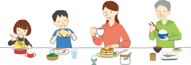 This illustration shows, from left to right, a child, an adult and an older adult eating from different menus.