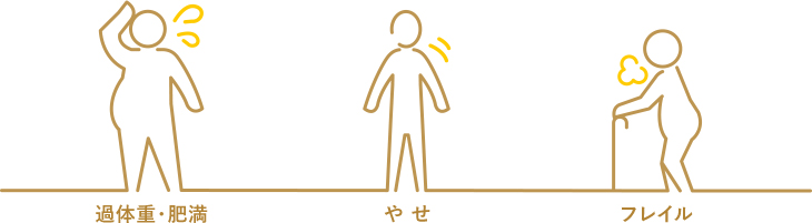 過体重・肥満、やせ、フレイルの状態にある人のイラストイメージです。