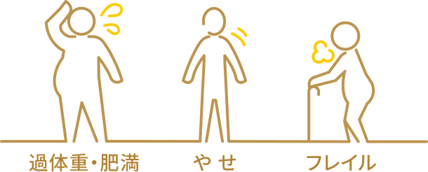 過体重・肥満、やせ、フレイルの状態にある人のイラストイメージです。