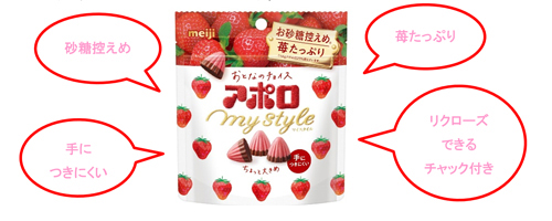 写真：アポロマイスタイルの商品パッケージ、砂糖控えめ、苺たっぷり、手につきにくい、リクローズできるチャック付き