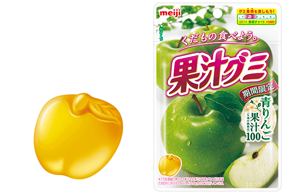 写真：「果汁グミ青りんご」の商品パッケージとイメージ