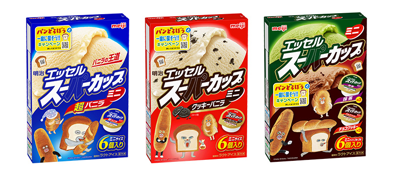写真：「明治 エッセル スーパーカップミニ 超バニラ」「同 クッキーバニラ」 「同 抹茶・チョコクッキー」（各80ml×6個）パッケージ画像
