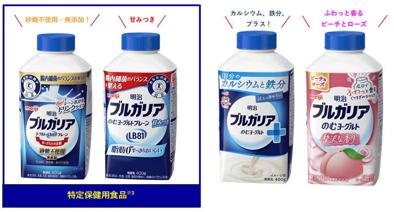 写真：商品パッケージ。「明治ブルガリアヨーグルトLB81プレーン（ドリンクタイプ）」砂糖不使用・無添加！と「同のむヨーグルトプレーンLB81」甘味つき（どちらも特定保健用食品※3）。「同のむヨーグルト+カルシウムと鉄分」鉄、カルシウム、プラス！と、「同のむヨーグルト贅沢な香り ピーチ＆ローズ」ふわっと香る ピーチとローズ