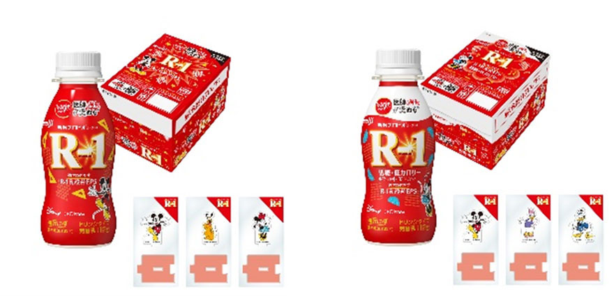 画像：左から「【Amazon.co.jp限定】明治プロビオヨーグルトR-1 ドリンクタイプ 112g×12本 おまけ付き（ディズニーキャラクターアクリルスタンド3種）」「同低糖・低カロリー112g×12本 おまけ付き（ディズニーキャラクターアクリルスタンド3種）」」の商品パッケージ