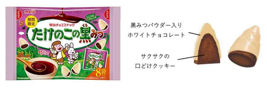画像：「たけのこの黒みつ」の説明　黒みつパウダー入りホワイトチョコレート、サクサクの口どけクッキー