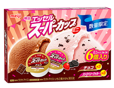 画像：「明治 エッセル スーパーカップ ミニ ストロベリークッキー・チョコ」（80ml×2種×各3個）の商品パッケージ