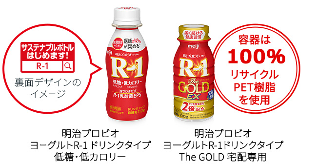 サステナブルボトルはじめます！裏面デザインのイメージ 明治プロビオヨーグルトR-1 ドリンクタイプ低糖･低カロリー 明治プロビオヨーグルトR-1 ドリンクタイプ The GOLD 宅配専用 容器は100％リサイクルPET樹脂を使用