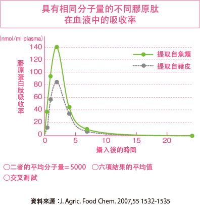 具有相同分子量的不同膠原肽 在血液中的吸收率