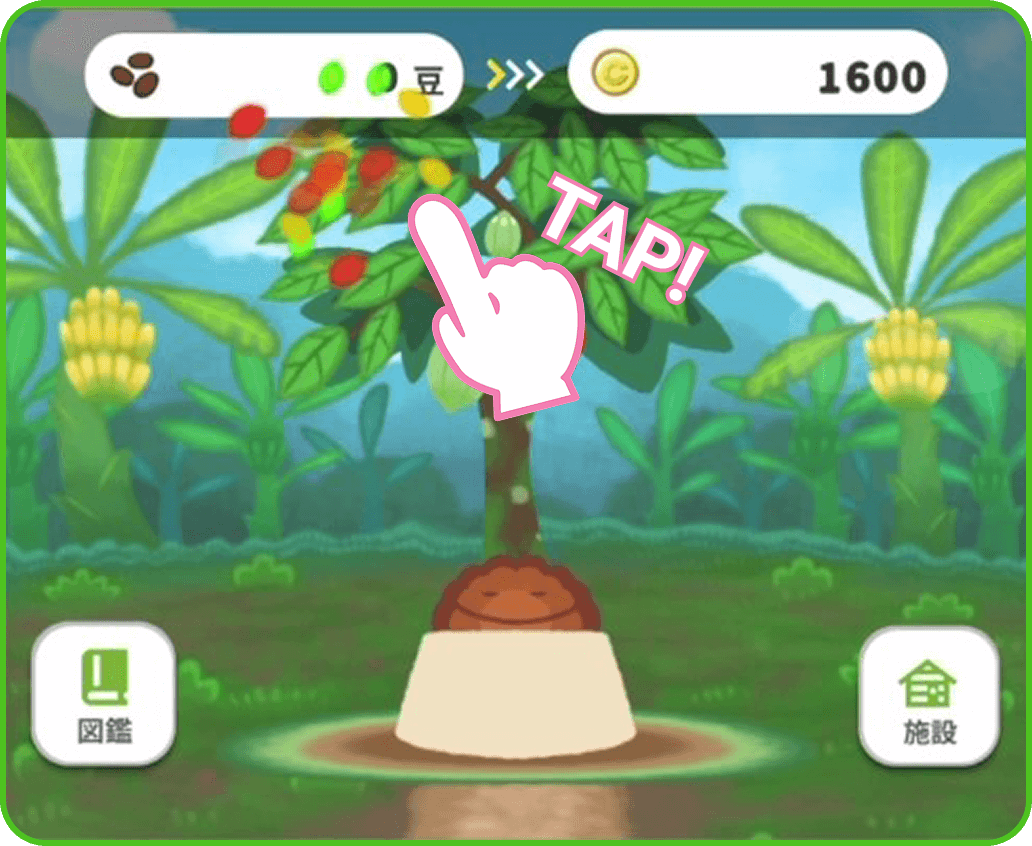 テオテオが大きくなるとカカオの実（カカオポッド）ができるよ！タップで収穫しよう！