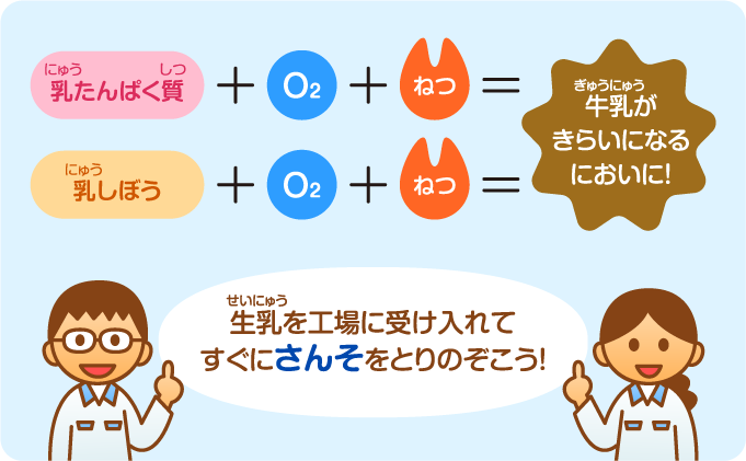 乳たんぱく質・乳しぼう＋さんそ＋ねつ＝牛乳がきらいになるにおいに！生乳を工場に受け入れてすぐにさんそをとりのぞこう！