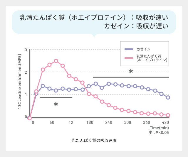 ホエイプロテイン:吸収が速い カゼイン:吸収が遅い