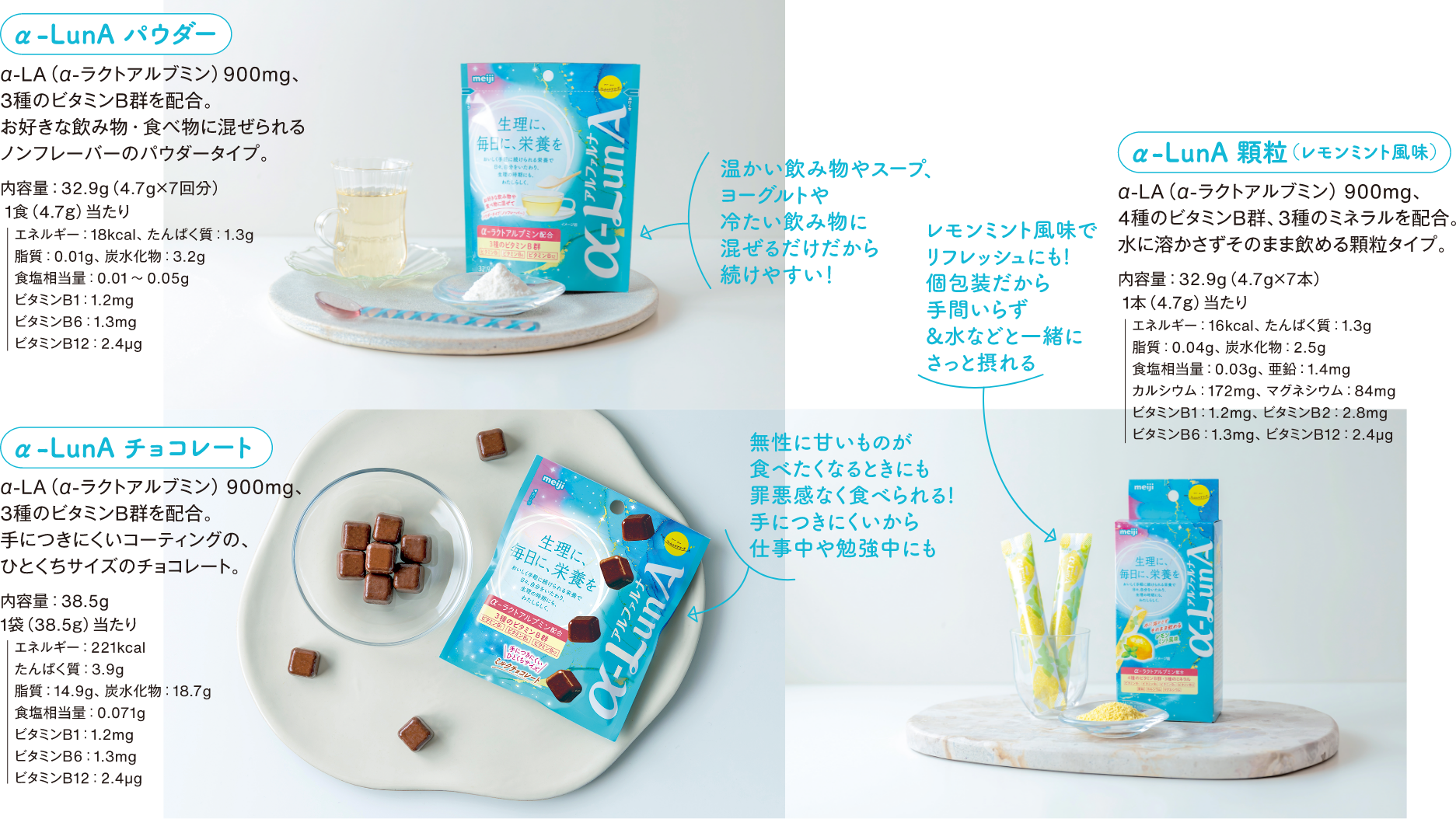 α-LunA パウダー α-LA（ローラクトアルブミン）900mg、 3種のビタミンB群を配合。お好きな飲み物・食べ物に混ぜられるノンフレーバーのパウダータイプ。内容年：32.9g（47g✕7回分） 1食（4.7g）当たり エネルギー：18kcal、たんぱく質：1.3g 、脂質：0.01g、炭水化物：3.2g 、食塩相当量：0.01～0.05g 、ビタミンB1:1.2mg 、ビタミンB6:1.3mg、 ビタミンB12:2.4ug 温かい飲み物やスープ、ヨーグルトや冷たい飲み物に混ぜるだけだから続けやすい！ レモンミント風味でリフレッシュにも！ 個包装だから手問いらず＆水などと一緒にさっと摂れる無性に甘いものが食べたくなるときにも罪悪感なく食べられる！ 新につきにくいから仕事中や勉強中にも  α-LunA 顆粒（レモンミント風味） α-LA（-ラクトアルプミン）900mg、 4種のビタミンB群、3種のミネラルを配合。水に溶かさずそのまま飲める顆粒タイプ。内容量：32.9g（4.7gx7本） 1本（4.7g）当たり 　　エネルギー：16kcal、たんぱく質：1.3g 店質：0.04g、炭水化物：2.5g 、食塩相当量：0.03g、亜期：1.4mg 、カルシウム：172mg、マグネシウム：84mg 、ビタミンB1:1.2mg、ビタミンB2:2.8mg、 ビタミンB6:1.3mg、ビタミンB12:2.4g αーLunA チョコレート α-LA （ロ-ラクトアルブミン）900mg、 3種のビタミンB群を配合。 手につきにくいコーティングの、ひとくちサイズのチョコレート。 内容量：38.5g 1袋（38.5g）当たり 　エネルギー：221kcal 、たんぱく質：3.9g、 脂質：14.9日、炭水化物：18.7g 食塩相当量：0.071g 、ビタミンB1:1,2mg 、ビタミンBB:1.3mg 、ビタミンB12:2.4ug