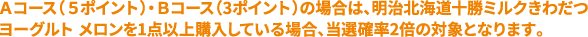Ａコース（５ポイント）・Ｂコース（3ポイント）の場合は、明治北海道十勝ミルクきわだつヨーグルト メロンを1点以上購入している場合、当選確率2倍の対象となります。