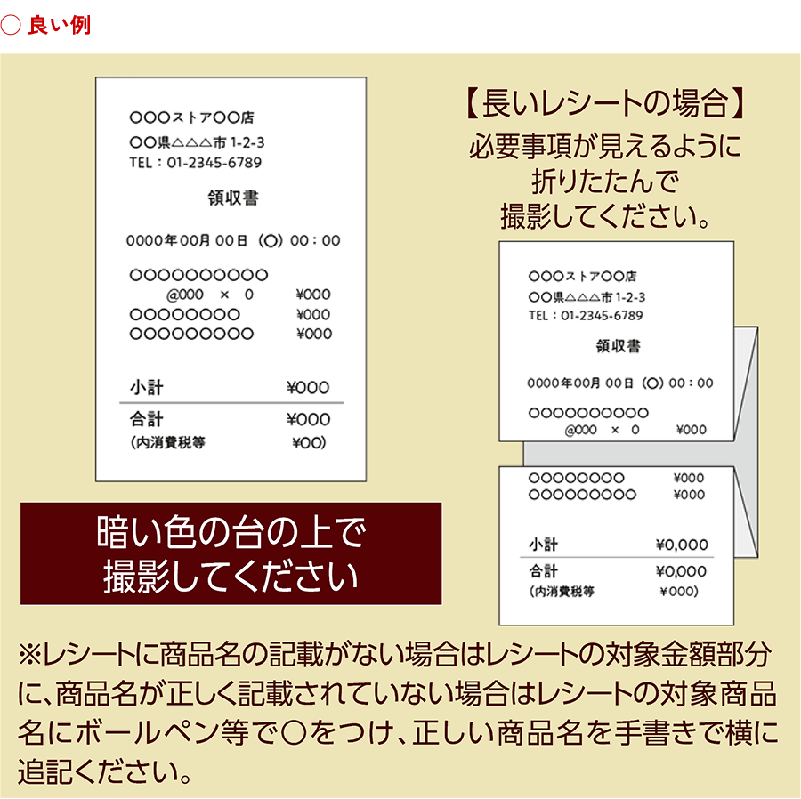 良い例として、暗い色の台の上で撮影してください。長いレシートの場合は、必要事項が見えるように折りたたんで撮影してください。レシートに商品名の記載がない場合は、該当する金額の部分を丸で囲って撮影してください。