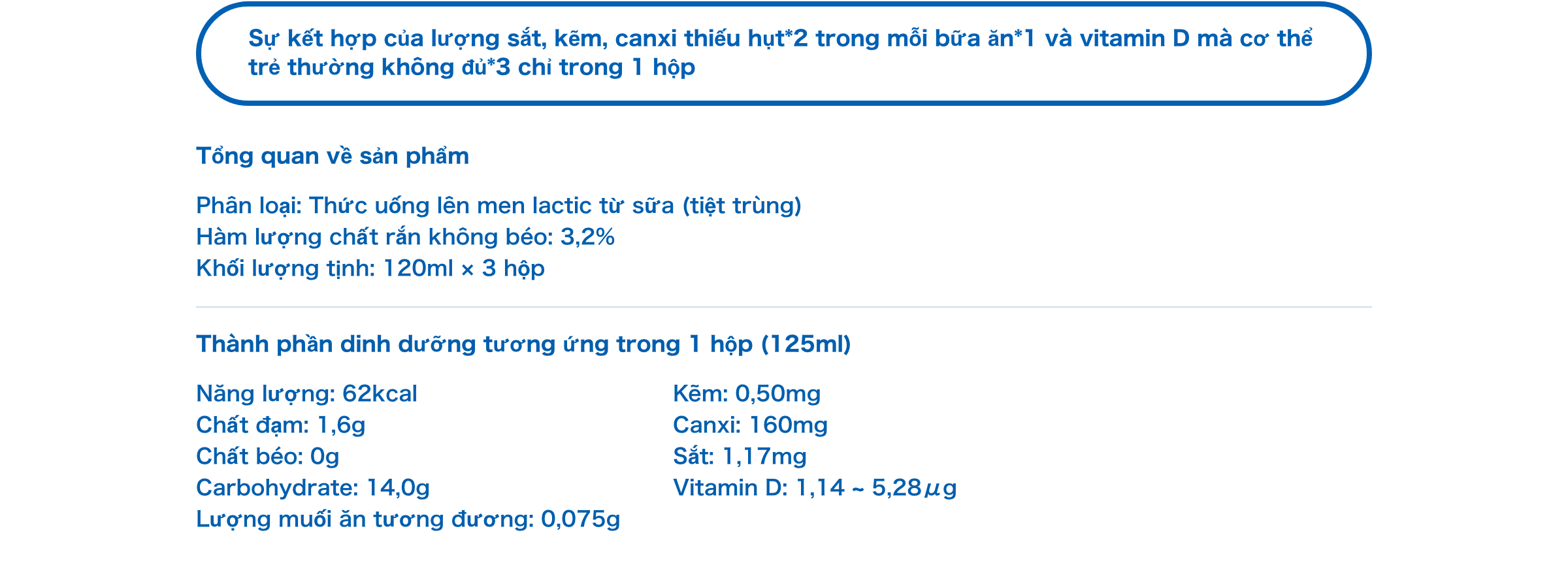 Sự kết hợp của lượng sắt, kẽm, canxi thiếu hụt*2 trong mỗi bữa ăn*1 và vitamin D mà cơ thể trẻ thường không đủ*3 chỉ trong 1 hộp