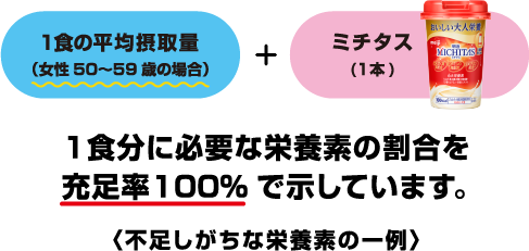 1食分に必要な栄養素の割合を充足率100%で示しています。<不足しがちな栄養素の一例>