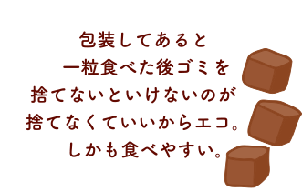 包装してあると一粒食べた後ゴミを捨てないといけないのが捨てなくていいからエコ。しかも食べやすい。