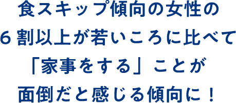 食スキップの女性の6割以上が若い頃に比べて「家事をする」ことが面倒だと感じる傾向に！