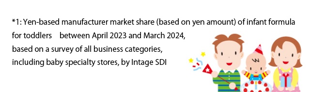 *1: Yen-based manufacturer market share (based on yen amount) of infant formula for toddlers between April 2023 and March 2024, based on a survey of all business categories, including baby specialty stores, by Intage SDI 