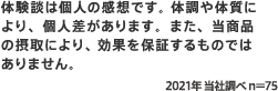 体験談は個人の感想です。 体調や体質により、個人差があります。また、当商品の摂取により、効果を保証するものではありません。 2021年 当社調べ n＝75