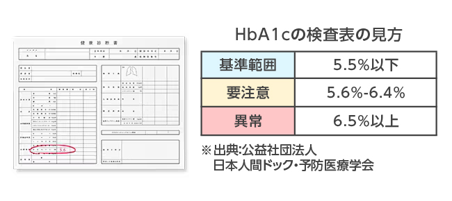 健康診断書／HbA1cの検査表の見方 基準範囲 5.5%以下 要注意 5.6%～6.4% 異常 6.5%以上 ※出典：公益社団法人 日本人間ドック・予防医療学会