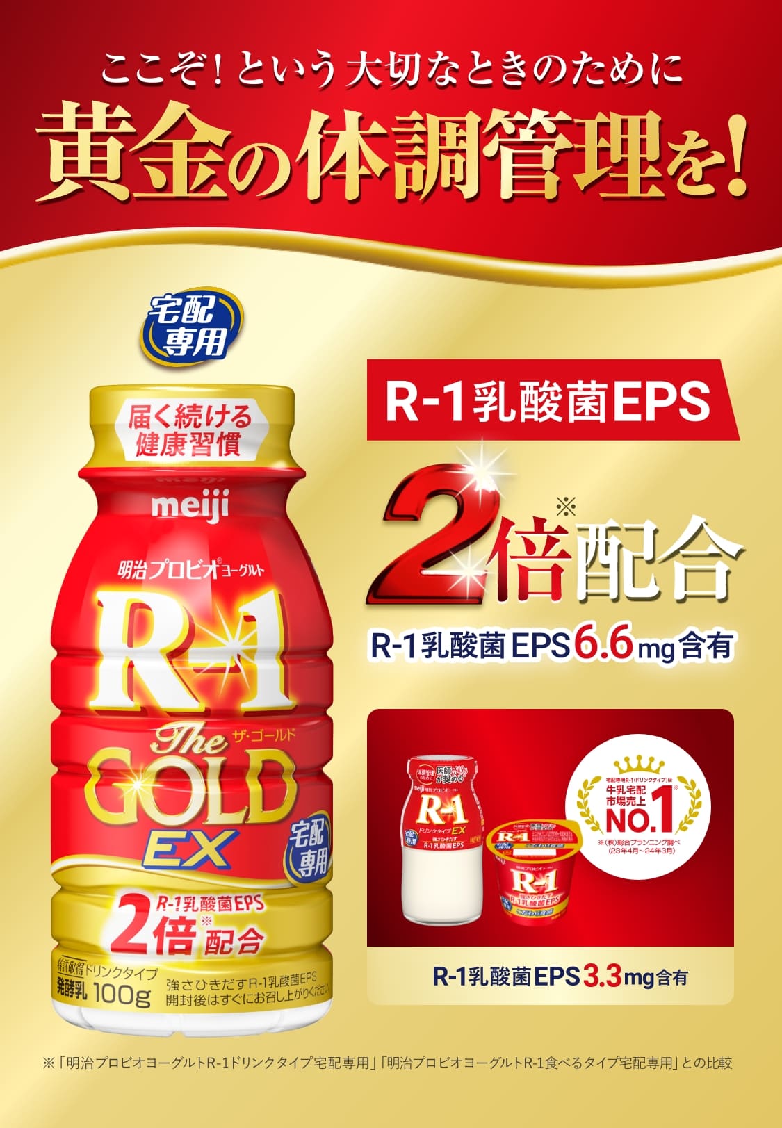ここぞ！という⼤切なときのために黄金の体調管理を！明治プロビオヨーグルトR-1 The GOLD